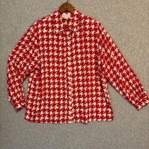 Red and White Houndstooth Button-Up Shirt